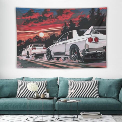 QEOPGNE Japanese R32 Sport Car Tapestry Anime Retrowave Car Wall Art Jdm Racing Car Wall Decor Car Room Decor for Man Cave Garage Office Dormitory Bedroom Wall Hanging Tapestries 40"x60" in Saudi Arabia