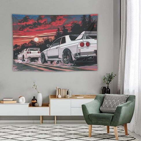 QEOPGNE Japanese R32 Sport Car Tapestry Anime Retrowave Car Wall Art Jdm Racing Car Wall Decor Car Room Decor for Man Cave Garage Office Dormitory Bedroom Wall Hanging Tapestries 40"x60" in Saudi Arabia
