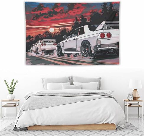 QEOPGNE Japanese R32 Sport Car Tapestry Anime Retrowave Car Wall Art Jdm Racing Car Wall Decor Car Room Decor for Man Cave Garage Office Dormitory Bedroom Wall Hanging Tapestries 40"x60" in Saudi Arabia