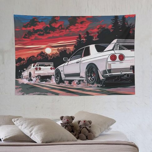 QEOPGNE Japanese R32 Sport Car Tapestry Anime Retrowave Car Wall Art Jdm Racing Car Wall Decor Car Room Decor for Man Cave Garage Office Dormitory Bedroom Wall Hanging Tapestries 40"x60" in Saudi Arabia