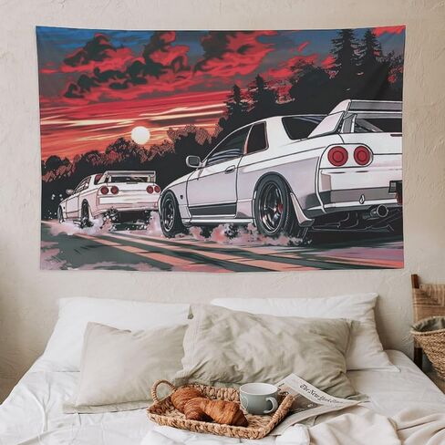 QEOPGNE Japanese R32 Sport Car Tapestry Anime Retrowave Car Wall Art Jdm Racing Car Wall Decor Car Room Decor for Man Cave Garage Office Dormitory Bedroom Wall Hanging Tapestries 40"x60" in Saudi Arabia