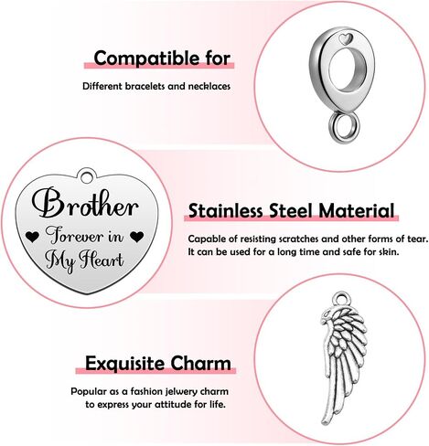 Heigebi Sympathy Gifts for Loss of Brother Dangle Charm for Bracelet Necklace Bereavement Grieving Gift for Family in Memory of Brother Remembrance Keepsake Stainless Steel Heart Pendant in Kuwait