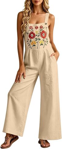 Embroidery Jumpsuits for Women Casual Sleeveless Wide Leg Linen Jumpsuit Adjustable Button Strap Baggy Bib Overalls in Saudi Arabia