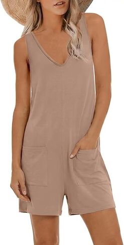 Nfsion Womens Summer V Neck Sleeveless Tank Top Romper Loose Fit Jumpsuit Trendy One Piece Jumps with Pockets in Saudi Arabia