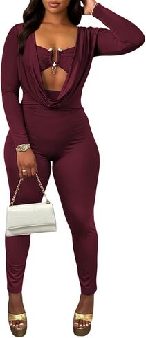 Sexy Jumpsuits for Women Deep V Neck Long Sleeve Cut Out Romper Bodycon Jumpsuit Club Party Going Out Date Night Outfits in Saudi Arabia