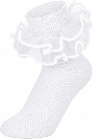Women Big Ruffle Ankle Socks Adult Fold Cuff Double Lace Frilly Socks White Fuzzy Edge Sweet Dress Sock for Daily in Saudi Arabia