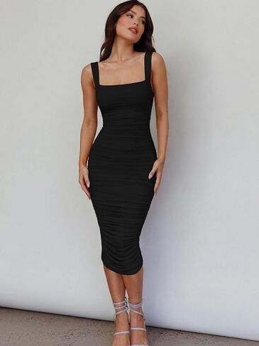 LAGSHIAN Women's Sexy Cocktail Sleeveless Square Neck Bodycon Mesh Ruched Club Party Midi Dress in Kuwait