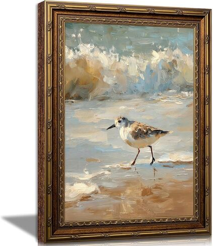 Vintage Framed Coastal Wall Art, Impressionist Sandpiper Bird Oil Painting, Antique Gold Ornate Frame, Seaside Ocean Waves Canvas Decor for Beach House, Bathroom, Living Room 11" L x 9" W in Kuwait