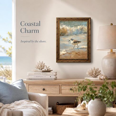 Vintage Framed Coastal Wall Art, Impressionist Sandpiper Bird Oil Painting, Antique Gold Ornate Frame, Seaside Ocean Waves Canvas Decor for Beach House, Bathroom, Living Room 11" L x 9" W in Kuwait