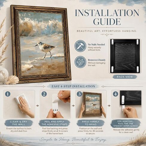 Vintage Framed Coastal Wall Art, Impressionist Sandpiper Bird Oil Painting, Antique Gold Ornate Frame, Seaside Ocean Waves Canvas Decor for Beach House, Bathroom, Living Room 11" L x 9" W in Kuwait