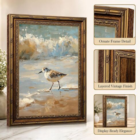 Vintage Framed Coastal Wall Art, Impressionist Sandpiper Bird Oil Painting, Antique Gold Ornate Frame, Seaside Ocean Waves Canvas Decor for Beach House, Bathroom, Living Room 11" L x 9" W in Kuwait
