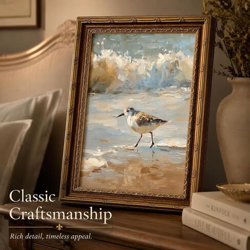 Vintage Framed Coastal Wall Art, Impressionist Sandpiper Bird Oil Painting, Antique Gold Ornate Frame, Seaside Ocean Waves Canvas Decor for Beach House, Bathroom, Living Room 11" L x 9" W in Kuwait