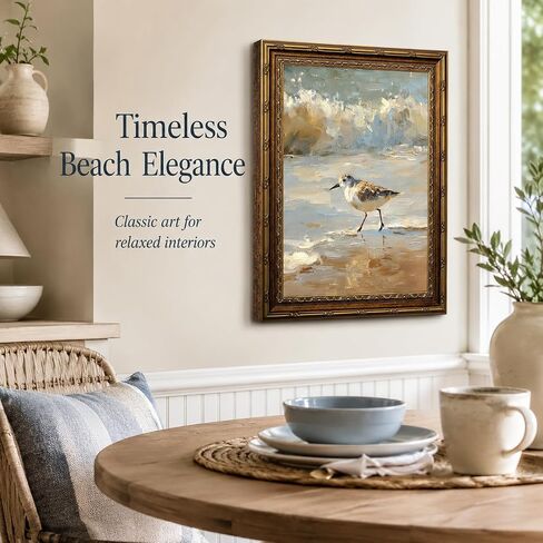 Vintage Framed Coastal Wall Art, Impressionist Sandpiper Bird Oil Painting, Antique Gold Ornate Frame, Seaside Ocean Waves Canvas Decor for Beach House, Bathroom, Living Room 11" L x 9" W in Kuwait