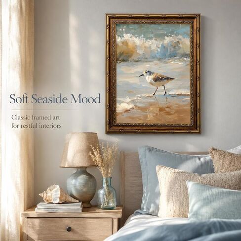 Vintage Framed Coastal Wall Art, Impressionist Sandpiper Bird Oil Painting, Antique Gold Ornate Frame, Seaside Ocean Waves Canvas Decor for Beach House, Bathroom, Living Room 11" L x 9" W in Kuwait