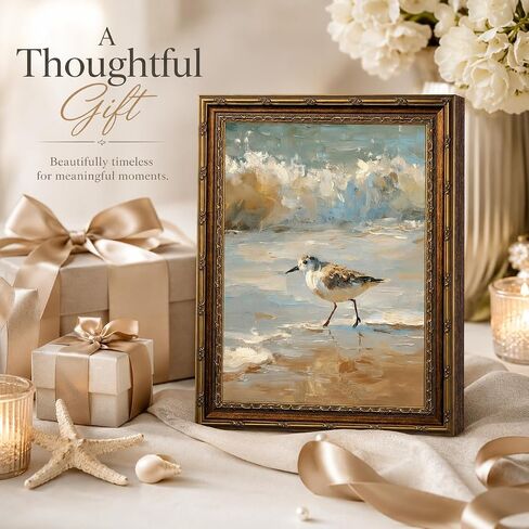 Vintage Framed Coastal Wall Art, Impressionist Sandpiper Bird Oil Painting, Antique Gold Ornate Frame, Seaside Ocean Waves Canvas Decor for Beach House, Bathroom, Living Room 11" L x 9" W in Kuwait