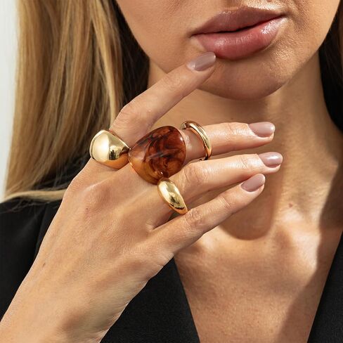 Vintage Statement Brown Resin Ring Set for Women Chunky Gold Stackable Rings Trendy Funky Thick Knuckles Ring Jewelry Set in Saudi Arabia
