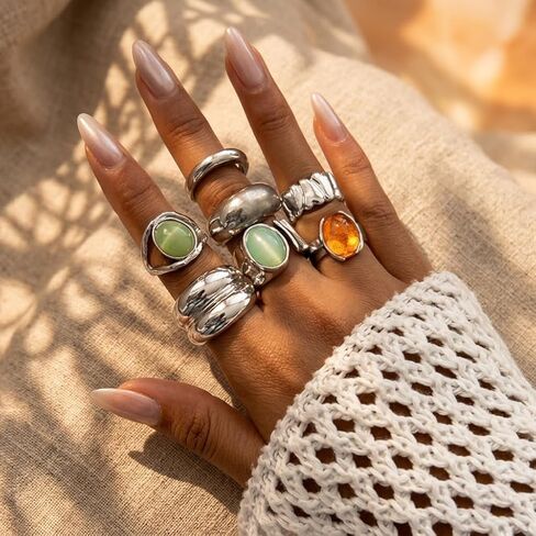 7Pcs Chunky Rings Set for Women, Vintage Adjustable Thick Statement Rings, Colorful Stackable Wide Band Ring, Retro Fashion Jewelry Gifts in Saudi Arabia