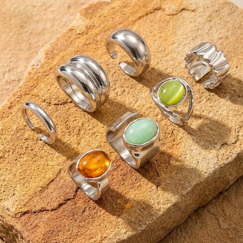 7Pcs Chunky Rings Set for Women, Vintage Adjustable Thick Statement Rings, Colorful Stackable Wide Band Ring, Retro Fashion Jewelry Gifts in Saudi Arabia