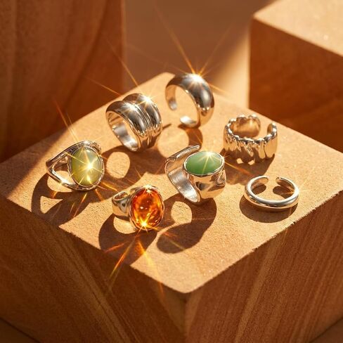 7Pcs Chunky Rings Set for Women, Vintage Adjustable Thick Statement Rings, Colorful Stackable Wide Band Ring, Retro Fashion Jewelry Gifts in Saudi Arabia