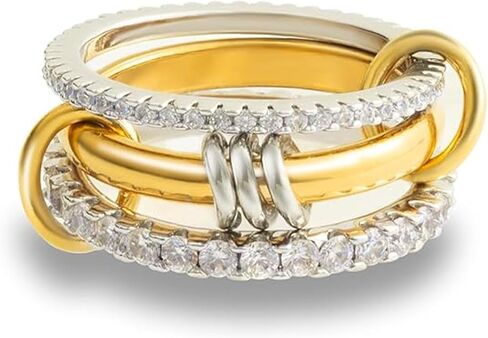 Gold Stackable Wave Rings for Women Non Tarnish, 14K Gold Plated Cubic Zirconia Ring Multi Ring Mixed Metals Stackable Ring Set Statement Interlocking Band Fashion Jewelry Gift in Saudi Arabia