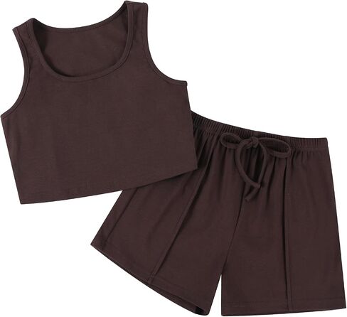 Girls 2 Piece Outfits Ribbed Heart Graphic Sleeveless Tank Top and Drawstring Elastic Waist Short Sets in Saudi Arabia