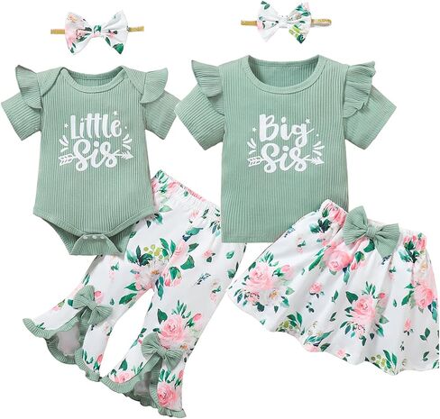 BIRTHDAY SHARK Big Sister Little Sister Matching Outfit Girl Floral Outfit Set Green Ruffle Top with Bow Headband in Saudi Arabia