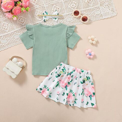 BIRTHDAY SHARK Big Sister Little Sister Matching Outfit Girl Floral Outfit Set Green Ruffle Top with Bow Headband in Saudi Arabia