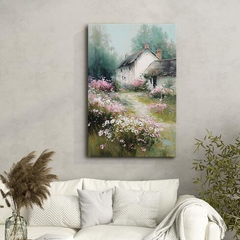 Azatyam Vintage Cottagecore Decor Wildflower Meadow White Cottage Garden Landscape Wall Art Floral Picture Canvas Prints for Living Room Bedroom Bathroom Farmhouse Home Aesthetic Countryside Scene 20" x 30" in Kuwait