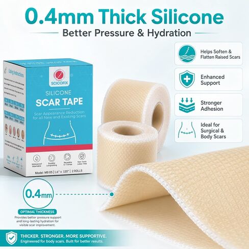 Silicone Scar Sheets 0.4mm Thick, Medical Grade Silicone Scar Tape Roll 1.6" x 120" (2 Rolls), Reusable Scar Sheets for Surgical Scars, C Section, Keloid, Burn, Acne & Scar Removal Treatment in Saudi Arabia