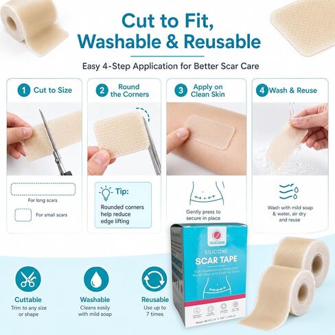 Silicone Scar Sheets 0.4mm Thick, Medical Grade Silicone Scar Tape Roll 1.6" x 120" (2 Rolls), Reusable Scar Sheets for Surgical Scars, C Section, Keloid, Burn, Acne & Scar Removal Treatment in Saudi Arabia