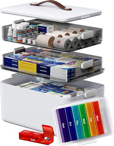 Medicine Storage Organizer, 4-Tier Medicine Box with 7-Day Pill Case, Clear Trays and Carry Handle, Empty First Aid Storage Case for Pills and Bottles in Saudi Arabia