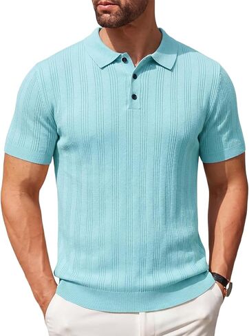Mens Knit Polo Shirts Textured Short Sleeve Button Summer Vacation Beach Fashion Casual Collared Golf Shirts in Kuwait