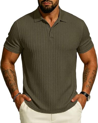 UOUA Mens Polo Shirt Texture Knitted Button T-Shirt Casual Short Sleeve Summer Vacation Golf Shirts in Saudi Arabia