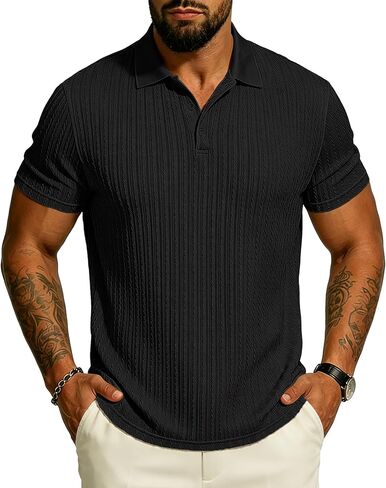 UOUA Mens Polo Shirt Texture Knitted Button T-Shirt Casual Short Sleeve Summer Vacation Golf Shirts in Saudi Arabia