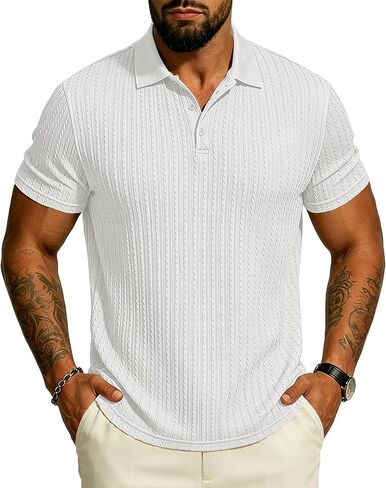 UOUA Mens Polo Shirt Texture Knitted Button T-Shirt Casual Short Sleeve Summer Vacation Golf Shirts in Saudi Arabia