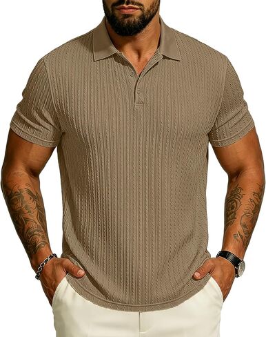 UOUA Mens Polo Shirt Texture Knitted Button T-Shirt Casual Short Sleeve Summer Vacation Golf Shirts in Saudi Arabia