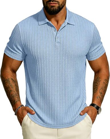 UOUA Mens Polo Shirt Texture Knitted Button T-Shirt Casual Short Sleeve Summer Vacation Golf Shirts in Saudi Arabia