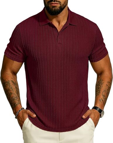 UOUA Mens Polo Shirt Texture Knitted Button T-Shirt Casual Short Sleeve Summer Vacation Golf Shirts in Saudi Arabia