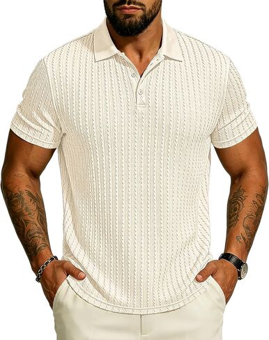 UOUA Mens Polo Shirt Texture Knitted Button T-Shirt Casual Short Sleeve Summer Vacation Golf Shirts in Saudi Arabia
