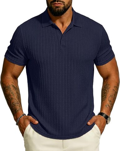 UOUA Mens Polo Shirt Texture Knitted Button T-Shirt Casual Short Sleeve Summer Vacation Golf Shirts in Saudi Arabia