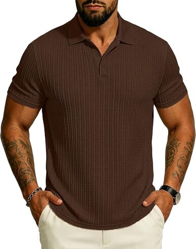 UOUA Mens Polo Shirt Texture Knitted Button T-Shirt Casual Short Sleeve Summer Vacation Golf Shirts in Saudi Arabia