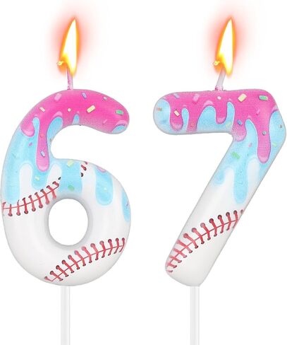 Ice Cream Drip Baseball Birthday Candle, Ice Cream Baseball Theme Number 6 & 7 Candle Cake Topper Decoration for Sport Anniversary Party Decorations in Kuwait