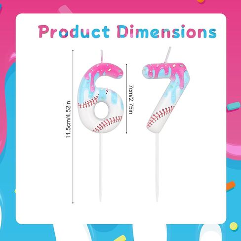 Ice Cream Drip Baseball Birthday Candle, Ice Cream Baseball Theme Number 6 & 7 Candle Cake Topper Decoration for Sport Anniversary Party Decorations in Kuwait