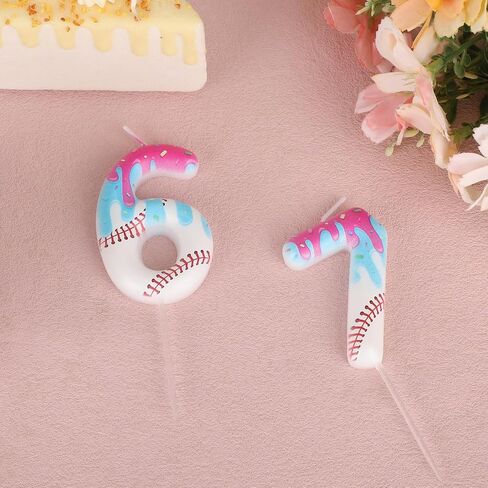 Ice Cream Drip Baseball Birthday Candle, Ice Cream Baseball Theme Number 6 & 7 Candle Cake Topper Decoration for Sport Anniversary Party Decorations in Kuwait