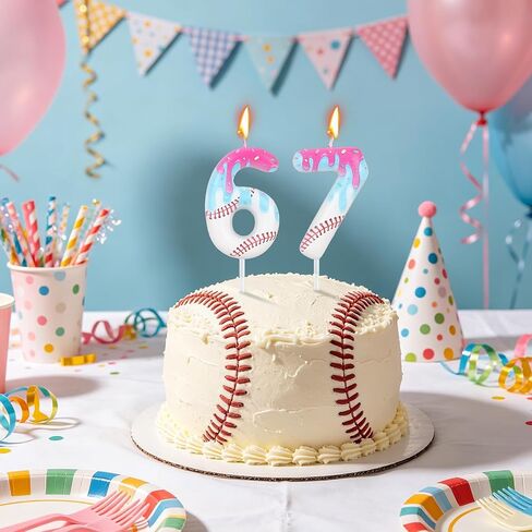 Ice Cream Drip Baseball Birthday Candle, Ice Cream Baseball Theme Number 6 & 7 Candle Cake Topper Decoration for Sport Anniversary Party Decorations in Kuwait