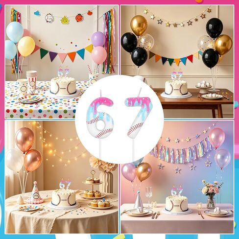 Ice Cream Drip Baseball Birthday Candle, Ice Cream Baseball Theme Number 6 & 7 Candle Cake Topper Decoration for Sport Anniversary Party Decorations in Kuwait