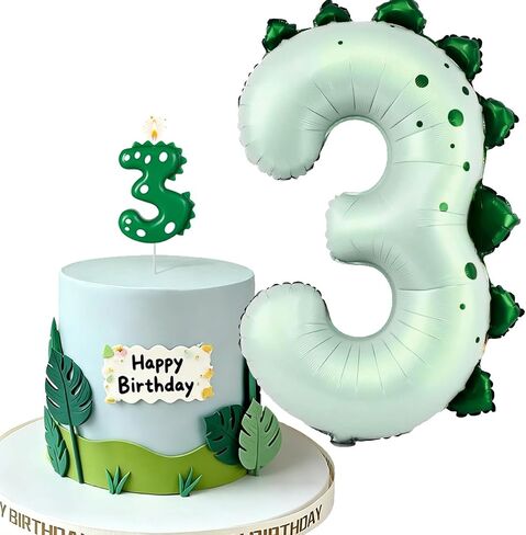 Dino Candle Number 3 Dinosaur Birthday Candles Balloon Set, Big 3 Balloon Dino-Themed Cake Candle Green for Birthday Parties in Saudi Arabia