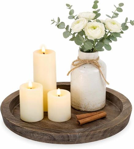 Hanobe Candle Holder Tray Decor: Round Black Coffee Table Decorative Tray for Home Decor - Farmhouse Wood Plate Circle Display for Living Room Kitchen Centerpiece in Kuwait