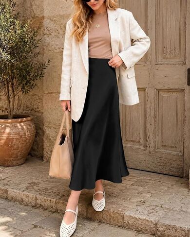 DooMoni Satin Skirts for Women White Elastic High Waisted Long Polka Dot Midi Silk Skirt Elegant Casual Outfits in Saudi Arabia