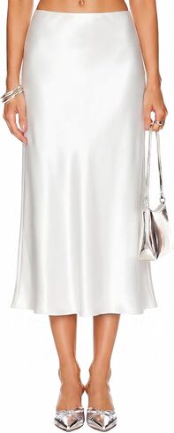 DooMoni Satin Skirts for Women White Elastic High Waisted Long Polka Dot Midi Silk Skirt Elegant Casual Outfits in Saudi Arabia